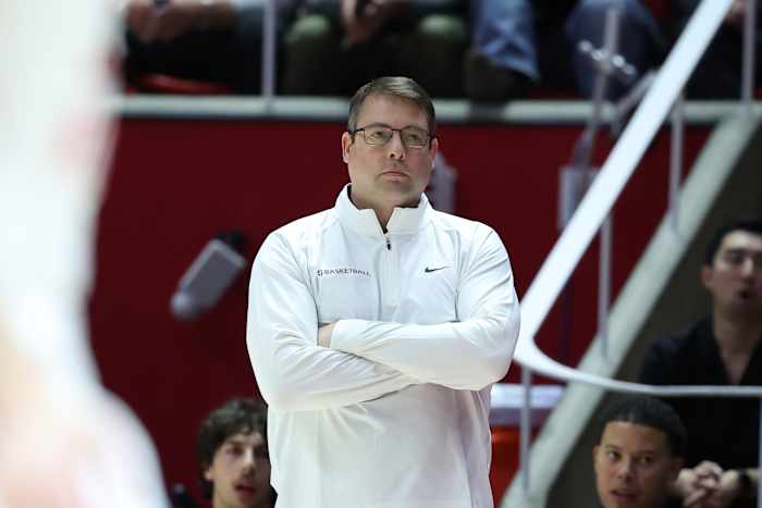 Feb 29, 2024; Salt Lake City, Utah, USA; Stanford Cardinal head coach Jerod Haase looks on against the Utah Utes during the first half at Jon M. Huntsman Center. Mandatory Credit: Rob Gray-USA TODAY Sports